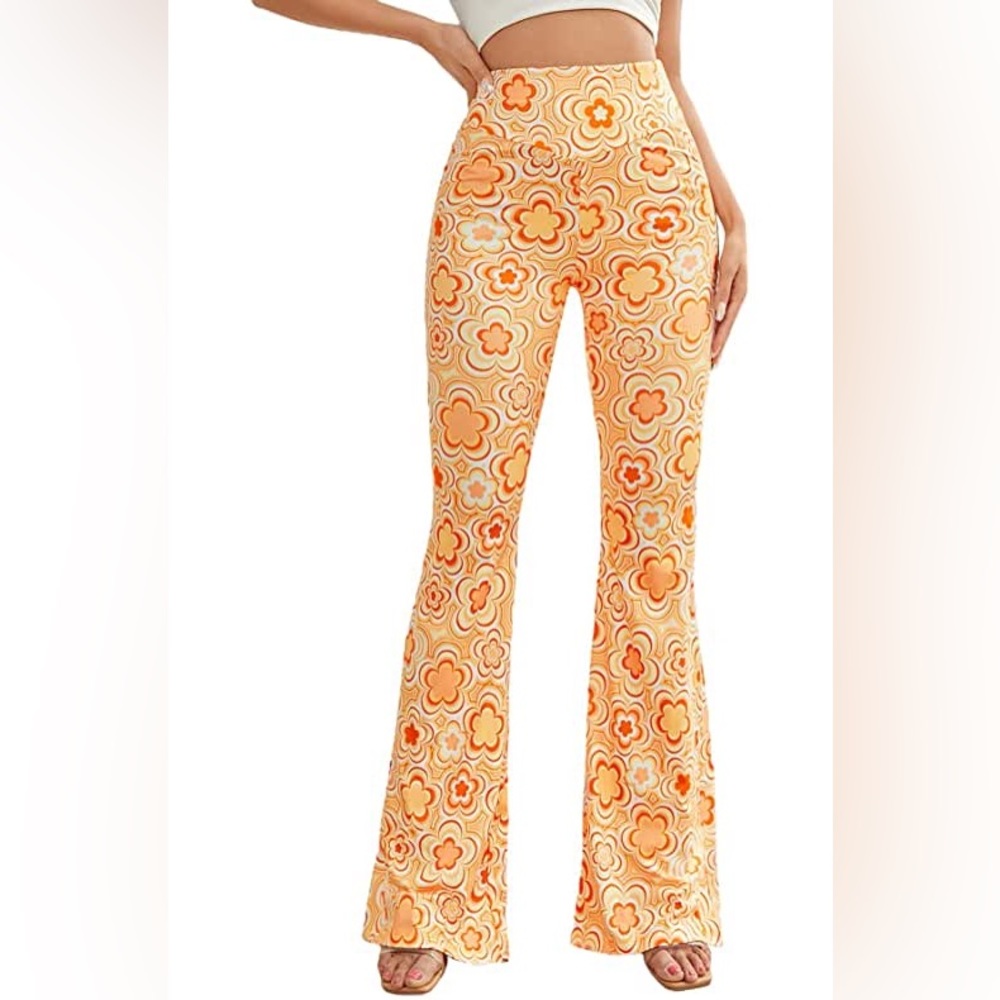 Women's Floral Graphic Print Elastic High Waist Flare Leg Stretch Casual Pants